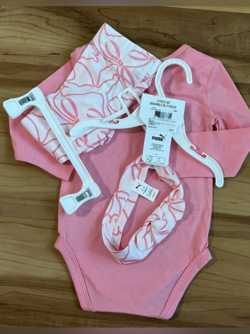 Puma Baby Girls 3-Piece Pink Bodysuit Leggings & Headband Set 12M NWT - Picture 2 of 10